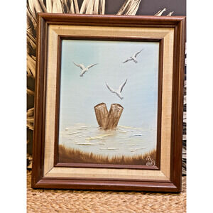 Framed Vintage Original Oil Painting Seagull Bird Coastal Water Seascape Art